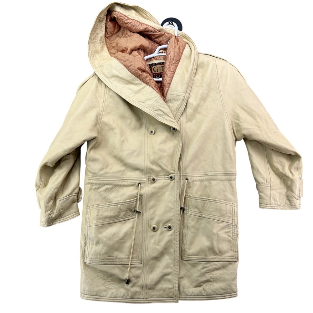 VTG G-III Leather Jacket Hooded Parka Womens Small Cream Quilted Lined Coat